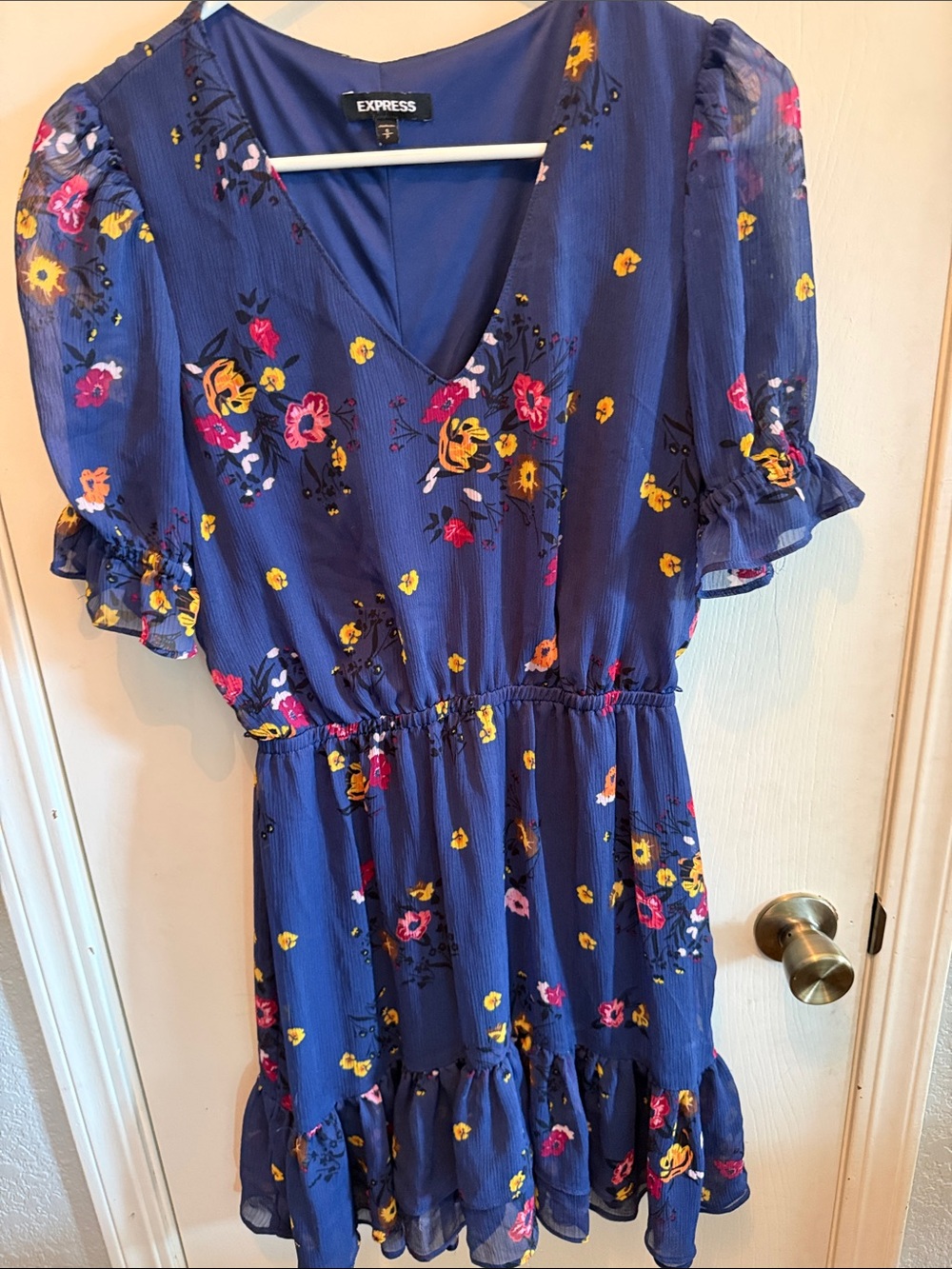 Express Blue Floral Midi Dress with Ruffle Sleeves